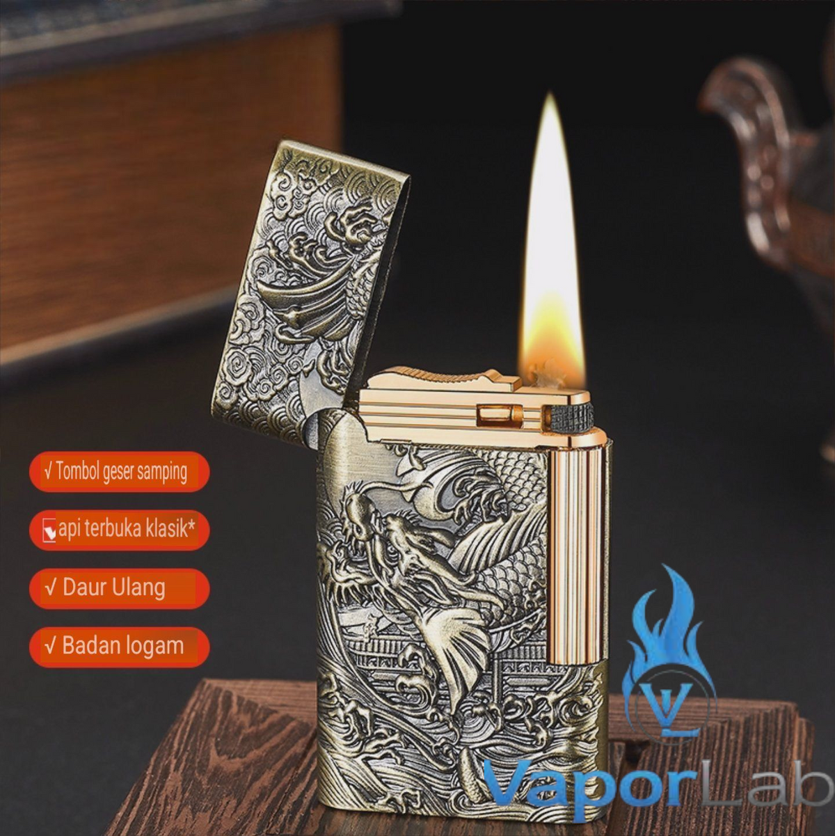 korek api roda sumbu minyak body ukiran full gesek samping vintage classic kerosene bronze oil lighter