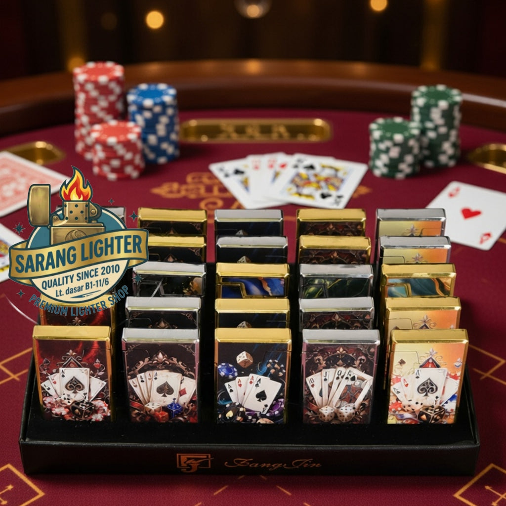 korek api besi slim design pemantik roda api gas mudah diisi ulang motif kartu poker card 3849 refillable gas lighter