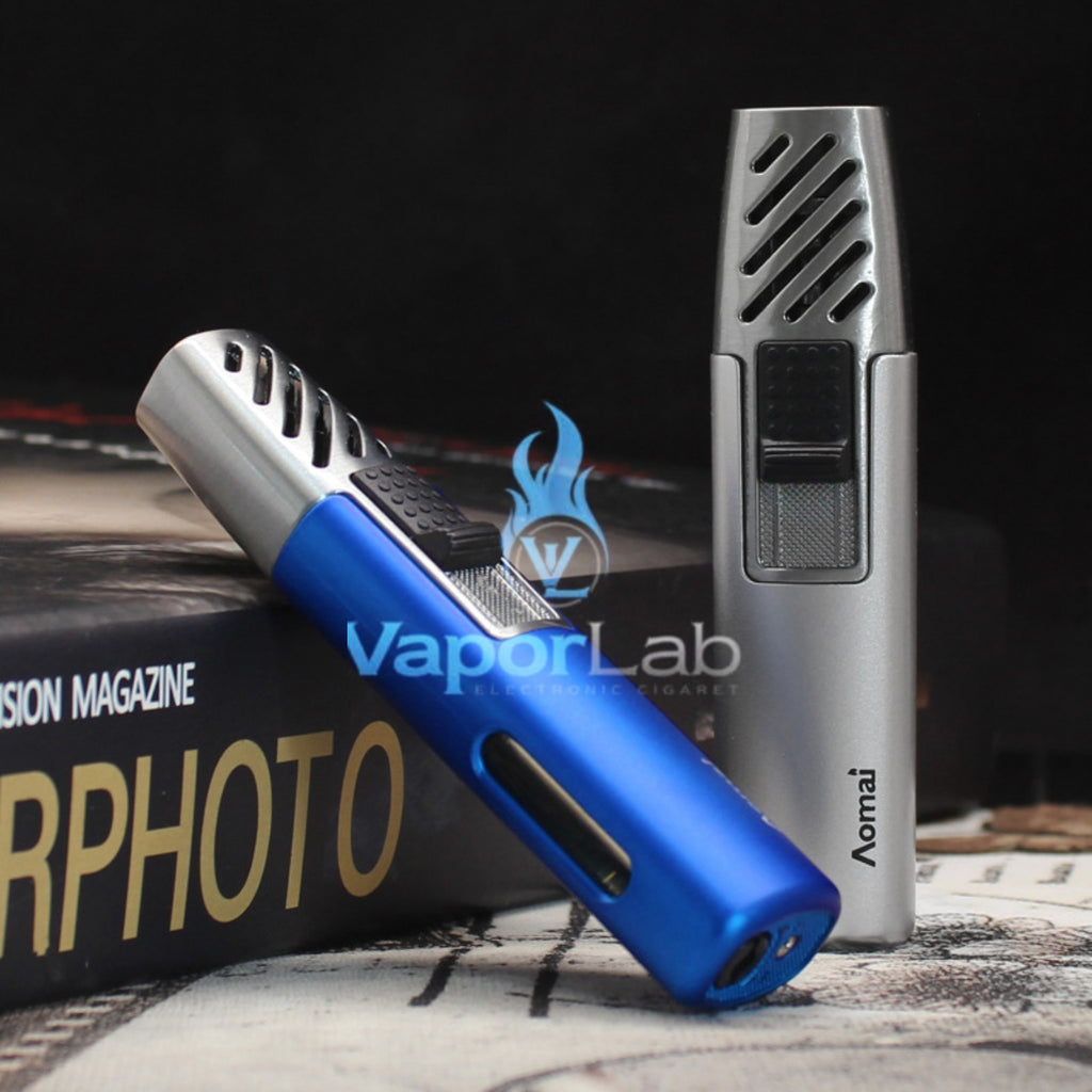 mancis korek api bara las biru merk AOMAI jet torch refillable gas lighter dengan kaca indikator