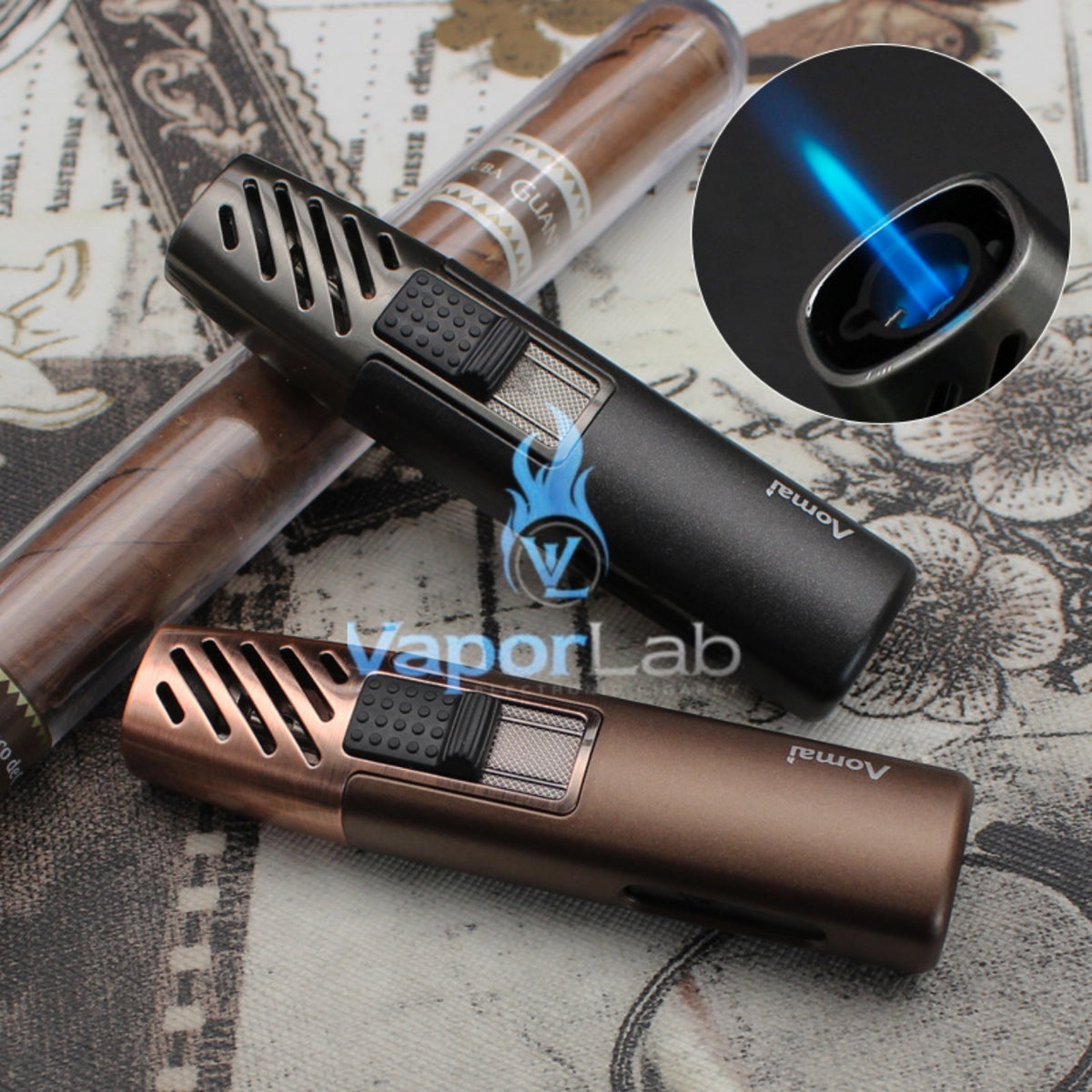 mancis korek api bara las biru merk AOMAI jet torch refillable gas lighter dengan kaca indikator
