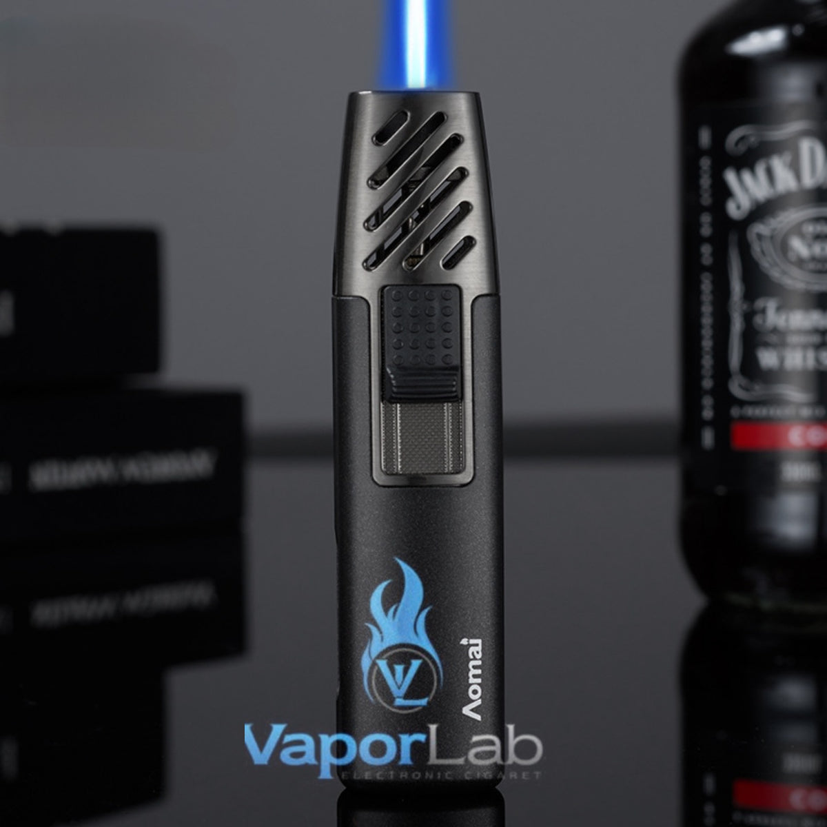 mancis korek api bara las biru merk AOMAI jet torch refillable gas lighter dengan kaca indikator