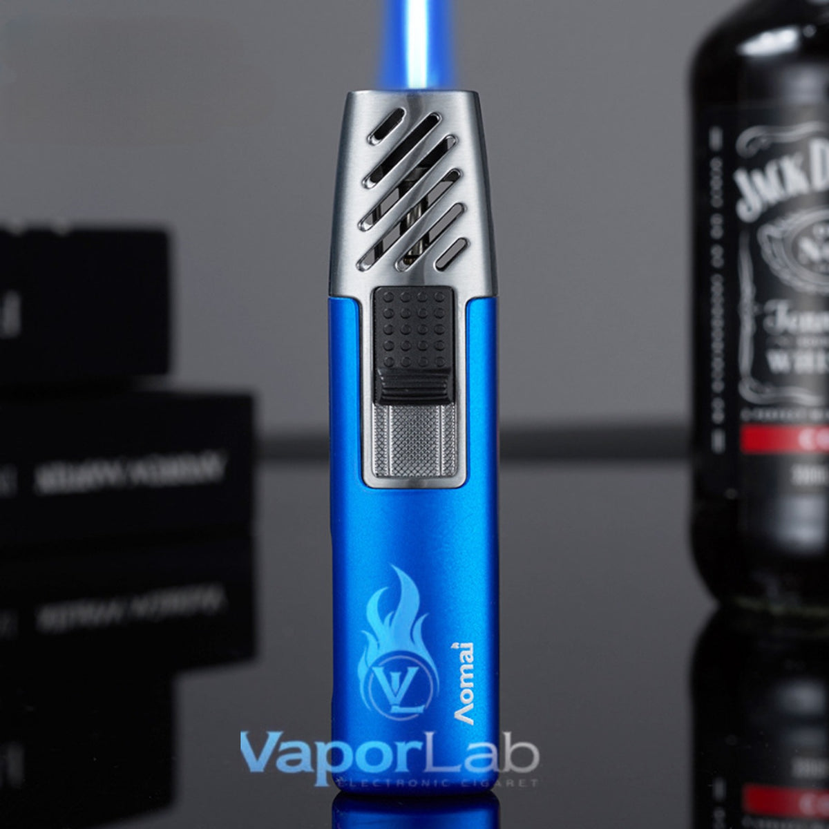 mancis korek api bara las biru merk AOMAI jet torch refillable gas lighter dengan kaca indikator