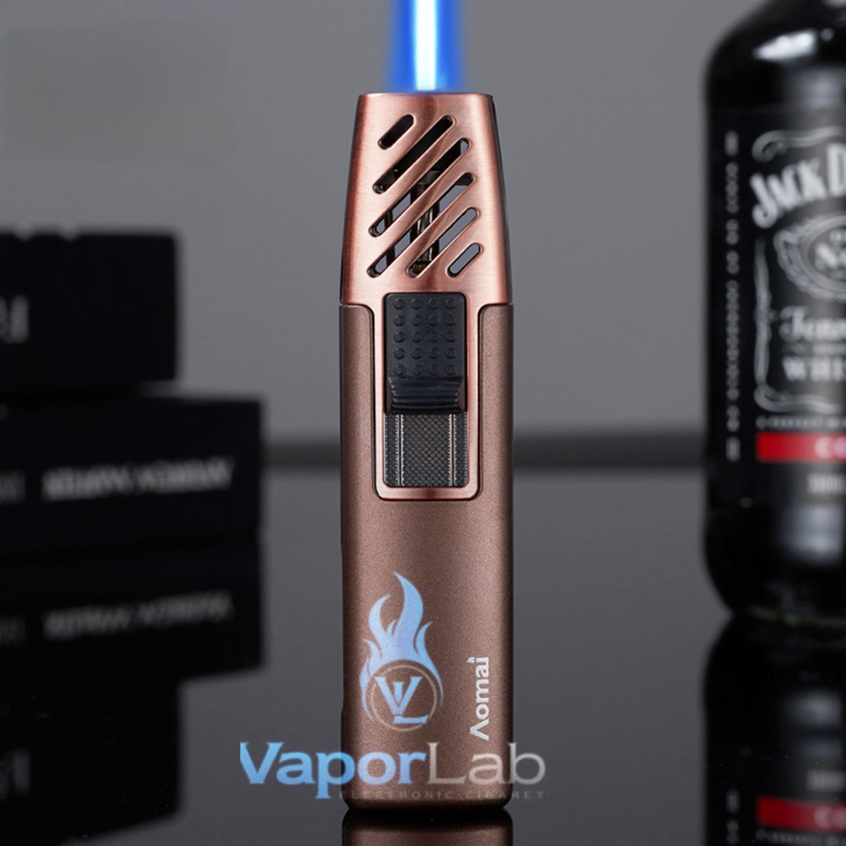 mancis korek api bara las biru merk AOMAI jet torch refillable gas lighter dengan kaca indikator