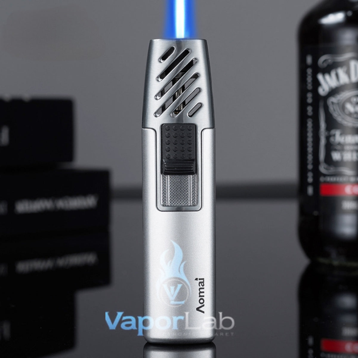 mancis korek api bara las biru merk AOMAI jet torch refillable gas lighter dengan kaca indikator