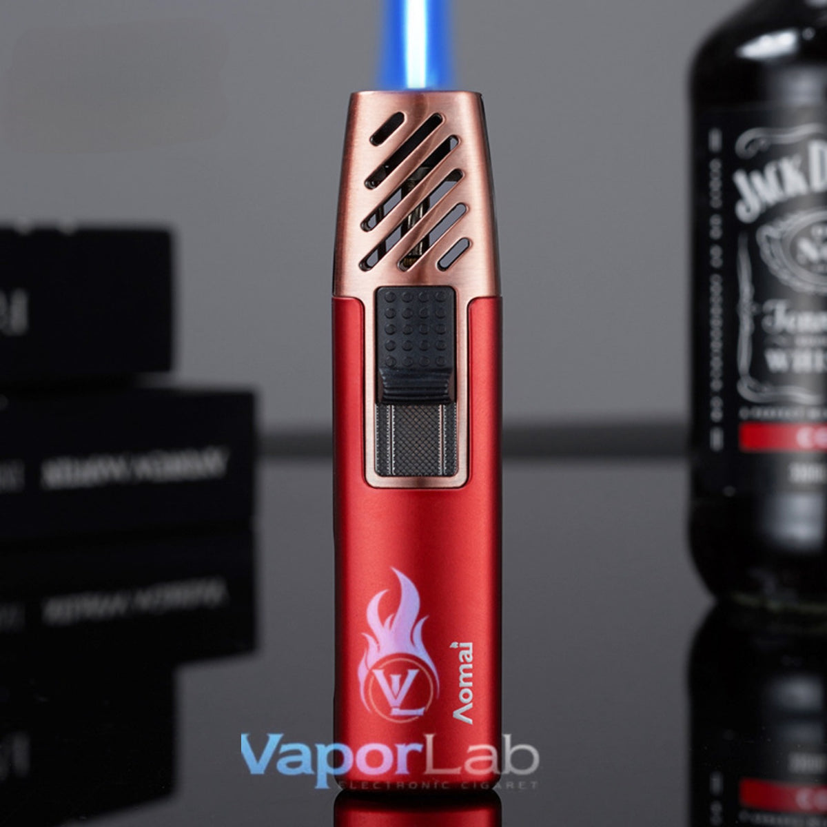 mancis korek api bara las biru merk AOMAI jet torch refillable gas lighter dengan kaca indikator
