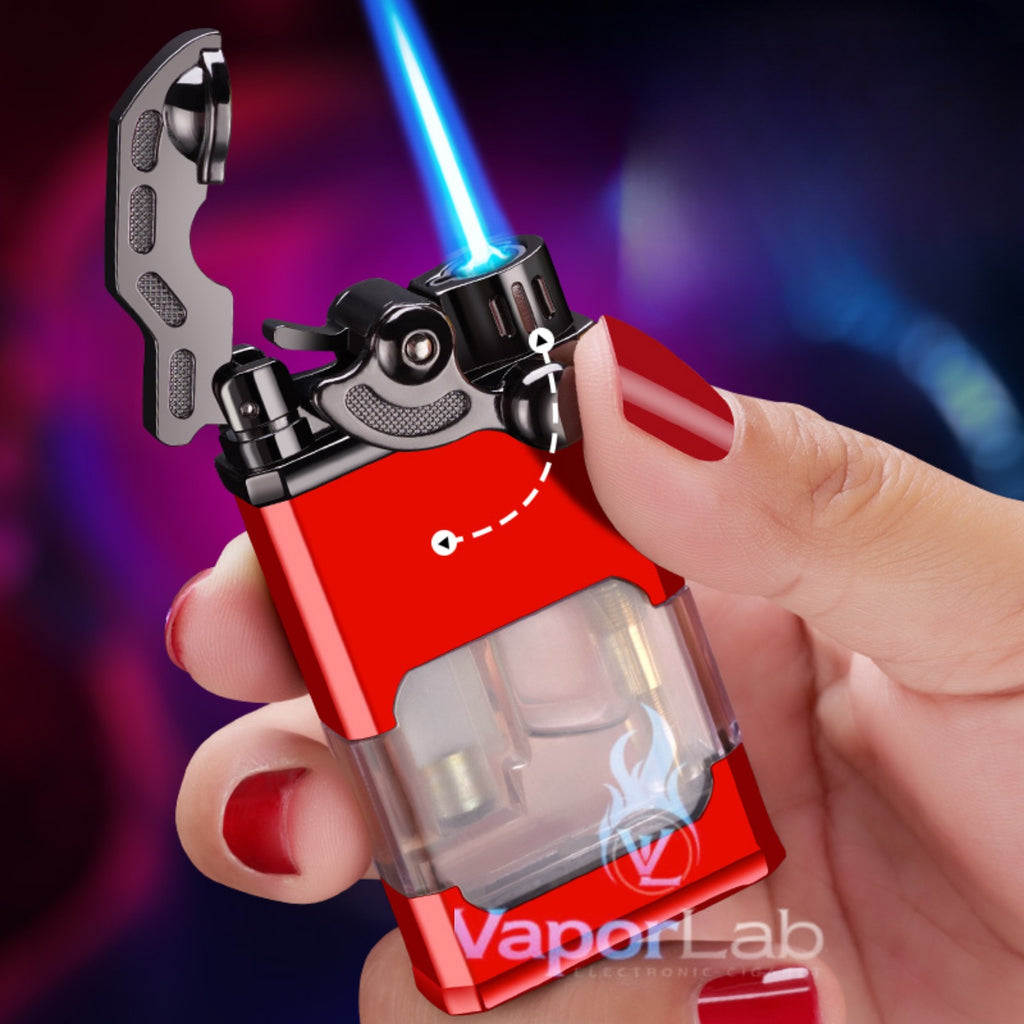 korek api gas bisa isi ulang bara las vintage jet torch dengan kaca transparant rocker arm refillable gas lighter