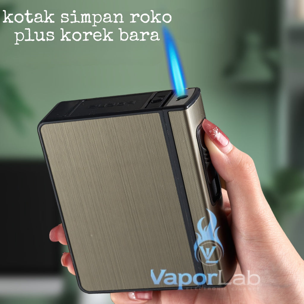 kotak box tempat simpan rokok plus korek api gas bisa di isi ulang isi 20  metal cigarette case with refillable gas lighter FOCUS YH105