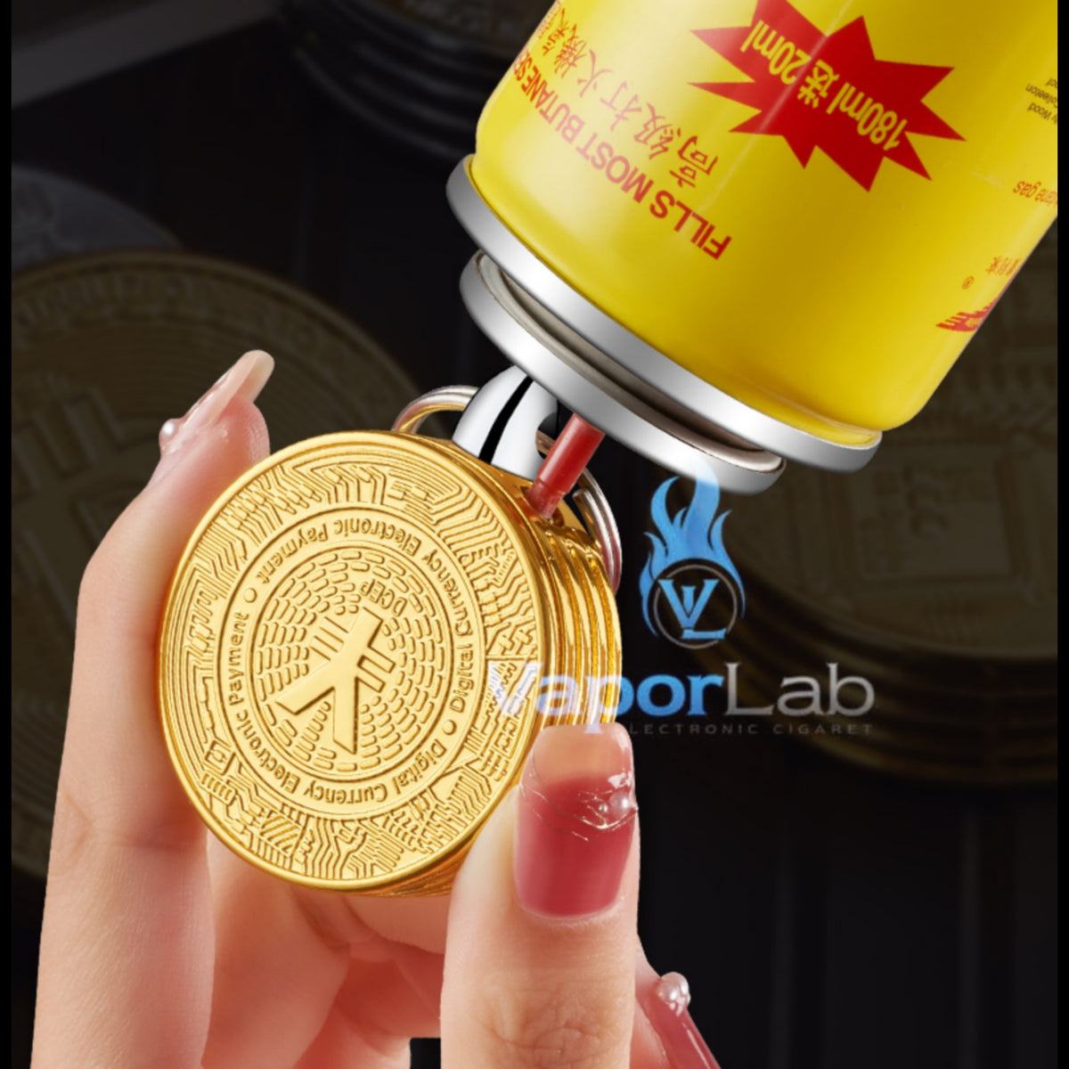 korek api gantungan kunci model bitcoin gold coin key chain refillable gas lighter unik lucu
