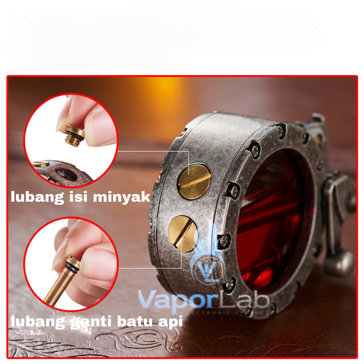 korek api klasik dengan kaca bulat transparant sumbu isi minyak vintage retro oil lighter giftbox
