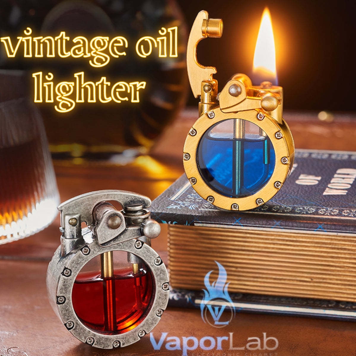korek api klasik dengan kaca bulat transparant sumbu isi minyak vintage retro oil lighter giftbox