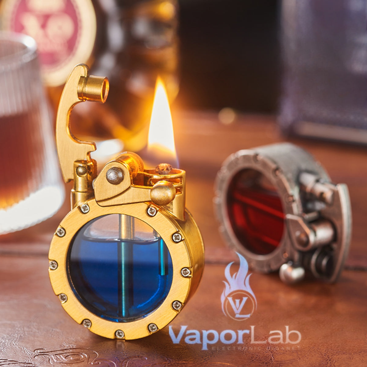korek api klasik dengan kaca bulat transparant sumbu isi minyak vintage retro oil lighter giftbox