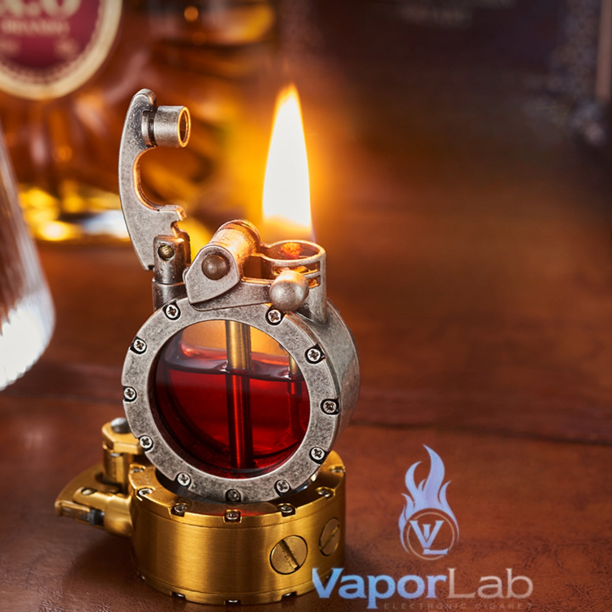 korek api klasik dengan kaca bulat transparant sumbu isi minyak vintage retro oil lighter giftbox