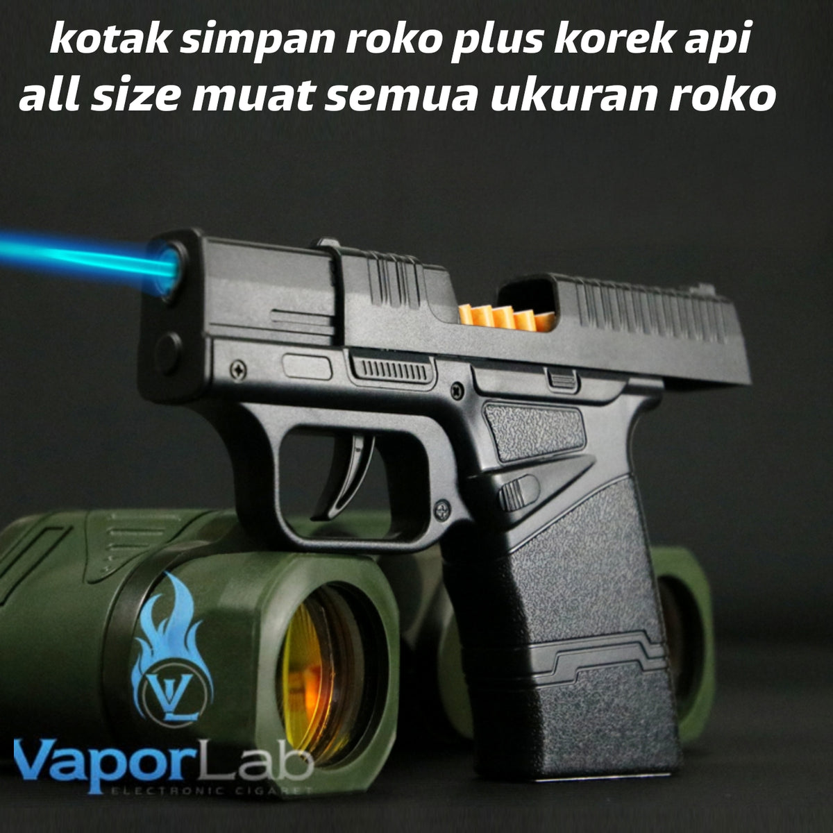 kotak box tempat simpan rokok universal all size plus korek api refillable gas lighter model pistol ELLCRT with cigarette case gun lighter