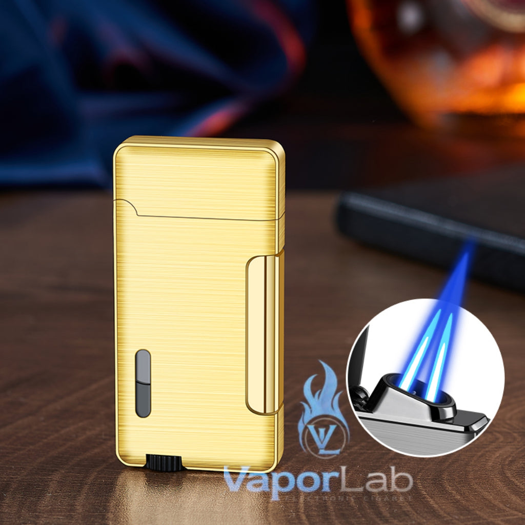 korek api metal bara las dual double flame windproof jet torch refillable gas lighter dengan kaca indikator gas transparant CIGNA with gift box