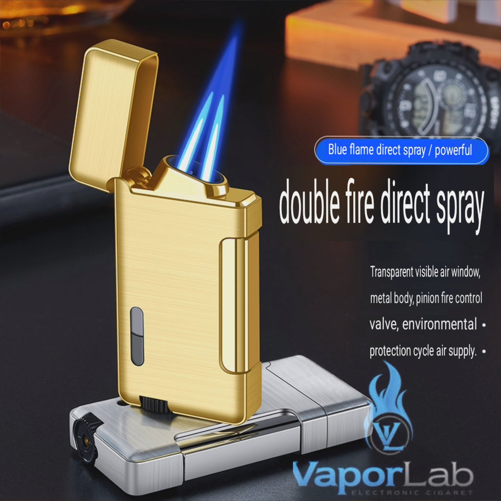 korek api metal bara las dual double flame windproof jet torch refillable gas lighter dengan kaca indikator gas transparant CIGNA with gift box