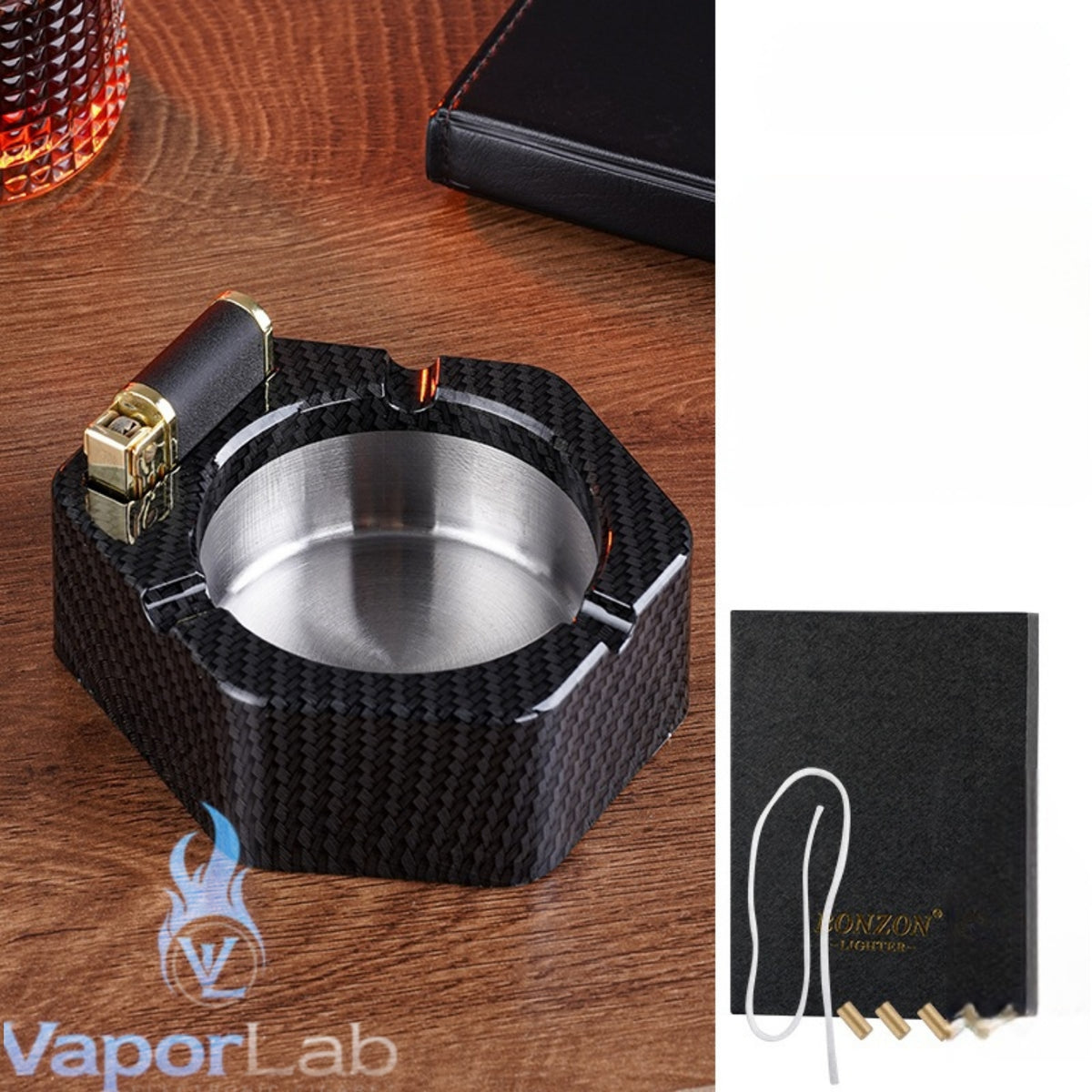 asbak plus korek api minyak auto nyala gesek BONZON bahan besi metal stainless ashtray with oil lighter