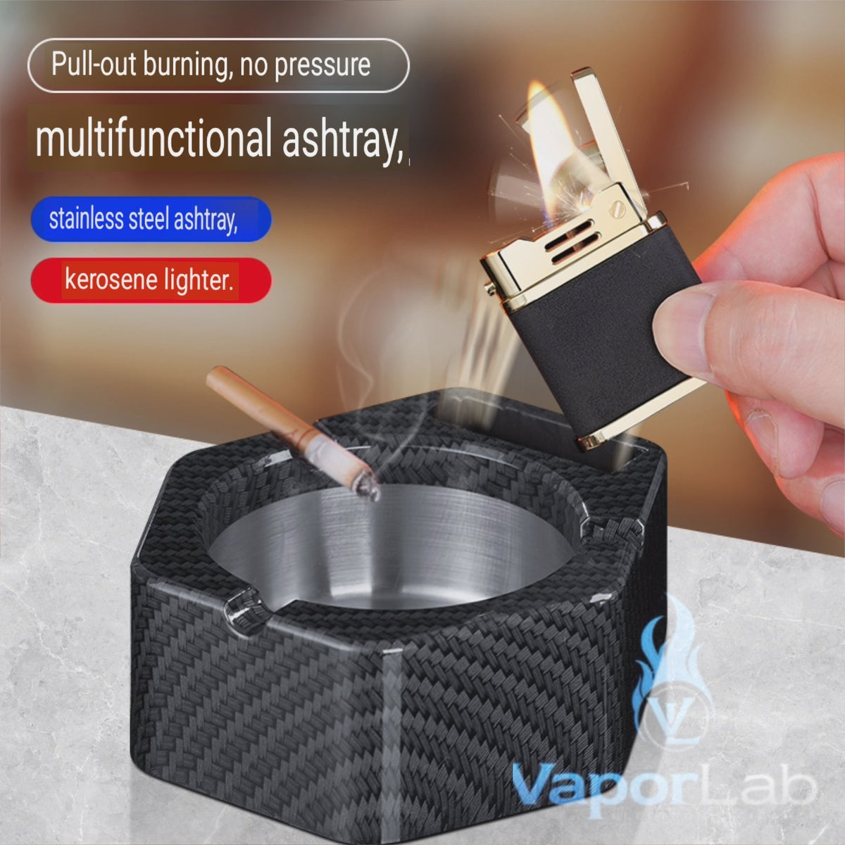asbak plus korek api minyak auto nyala gesek BONZON bahan besi metal stainless ashtray with oil lighter