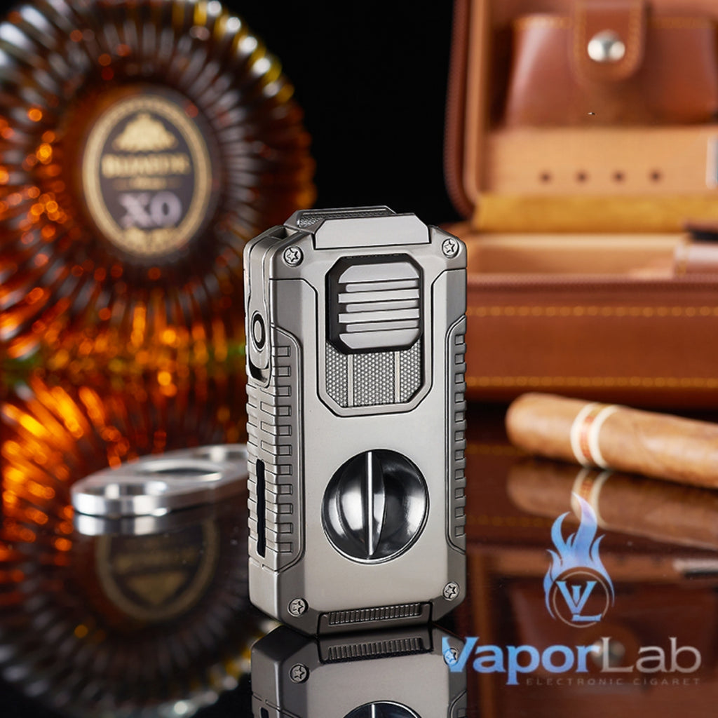 korek api triple bara las multi fungsi dengan pemotong cerutu cigar cutter puncher holder triple jet torch Reffillable gas lighter dengan kaca indikator gas