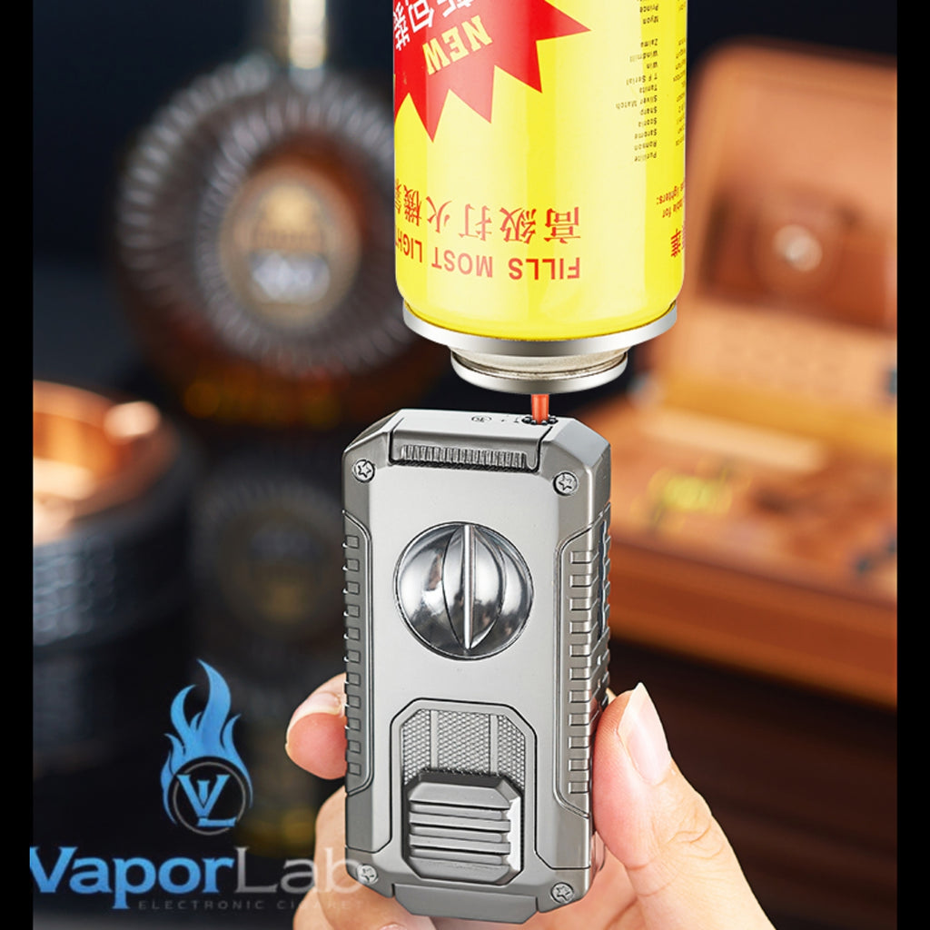 korek api triple bara las multi fungsi dengan pemotong cerutu cigar cutter puncher holder triple jet torch Reffillable gas lighter dengan kaca indikator gas