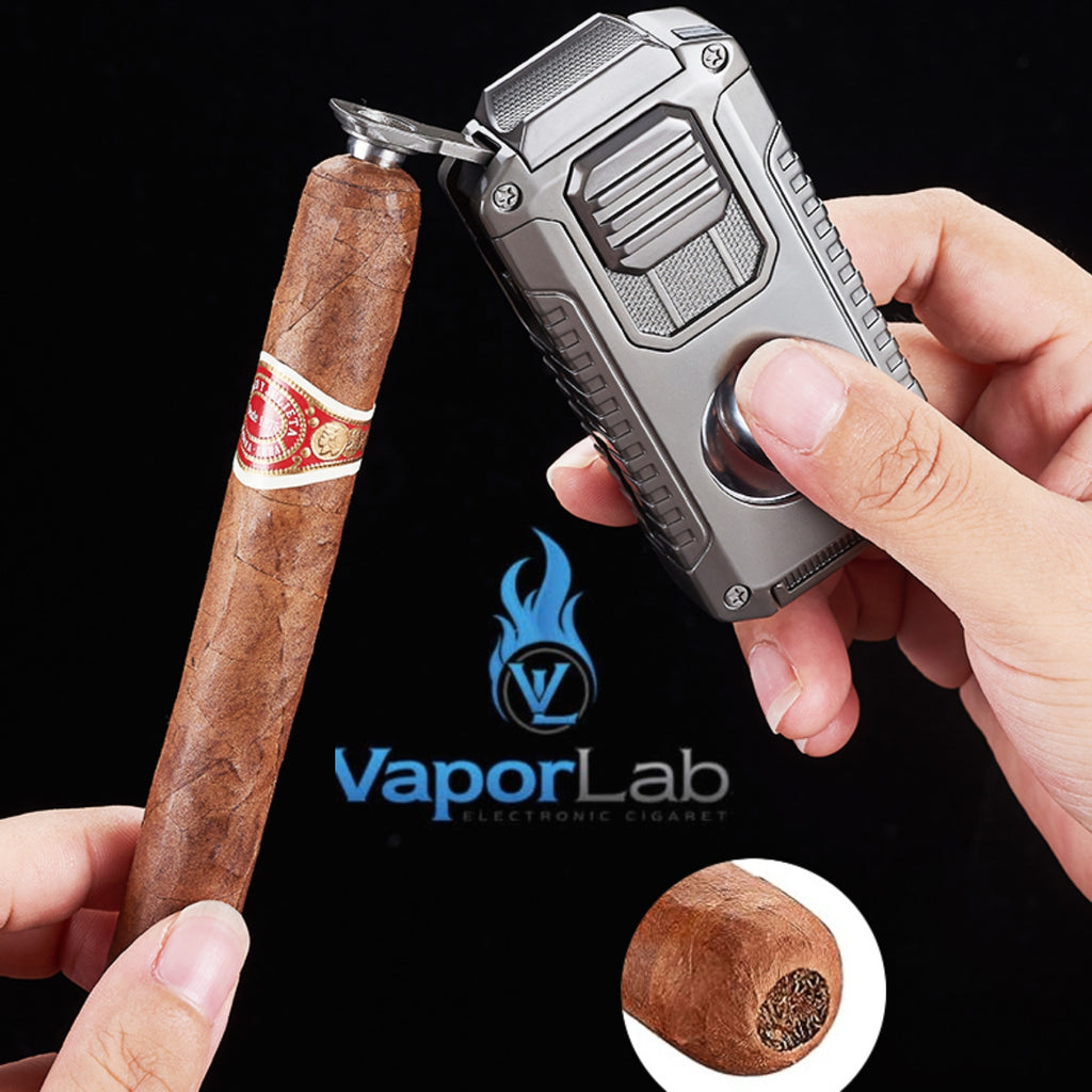 korek api triple bara las multi fungsi dengan pemotong cerutu cigar cutter puncher holder triple jet torch Reffillable gas lighter dengan kaca indikator gas