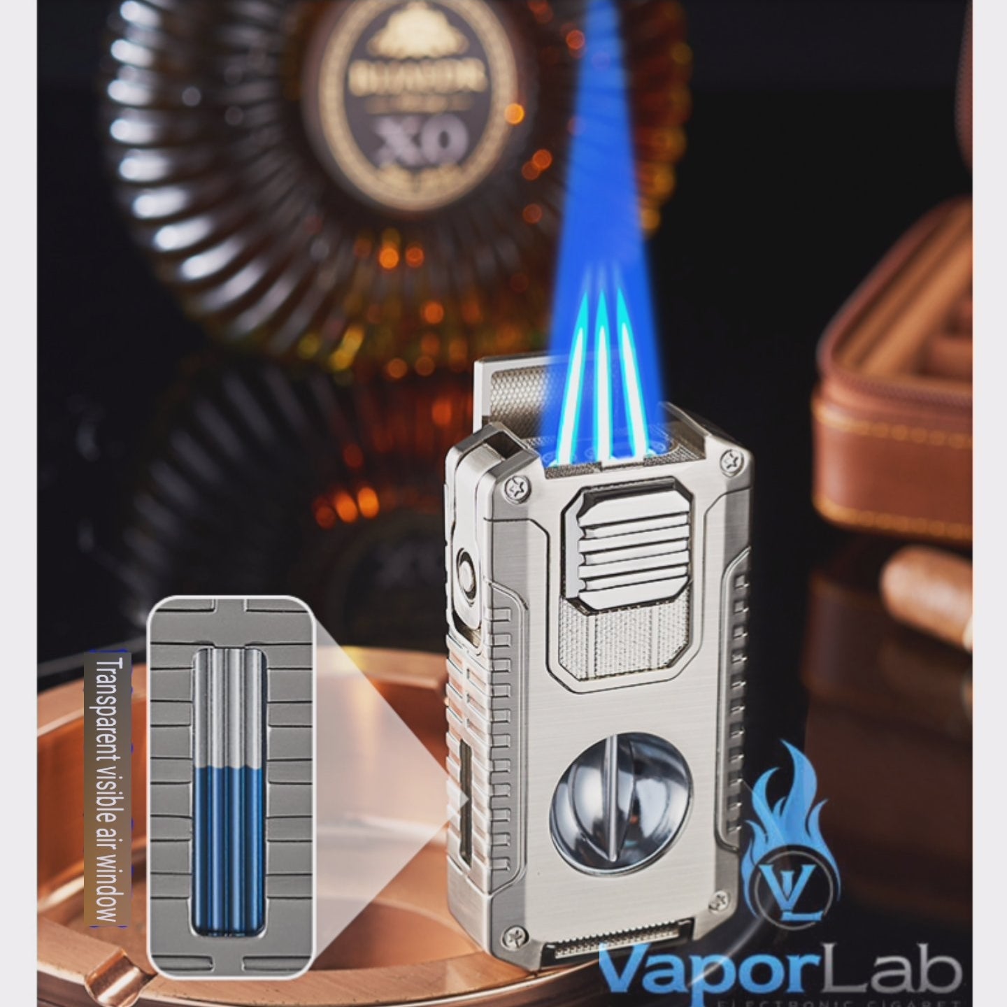 korek api triple bara las multi fungsi dengan pemotong cerutu cigar cutter puncher holder triple jet torch Reffillable gas lighter dengan kaca indikator gas