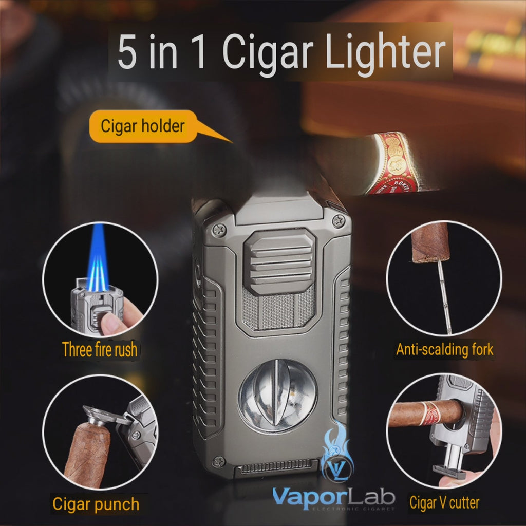 korek api triple bara las multi fungsi dengan pemotong cerutu cigar cutter puncher holder triple jet torch Reffillable gas lighter dengan kaca indikator gas