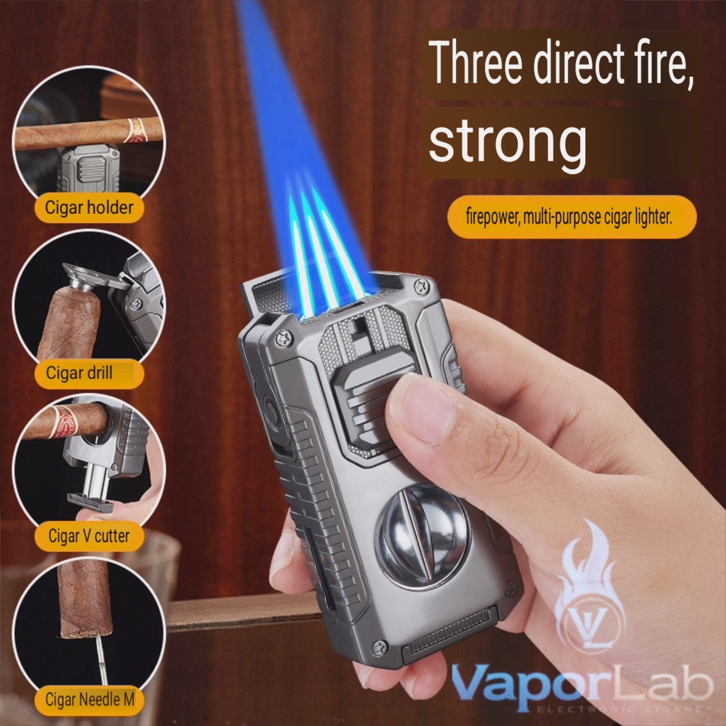 korek api triple bara las multi fungsi dengan pemotong cerutu cigar cutter puncher holder triple jet torch Reffillable gas lighter dengan kaca indikator gas