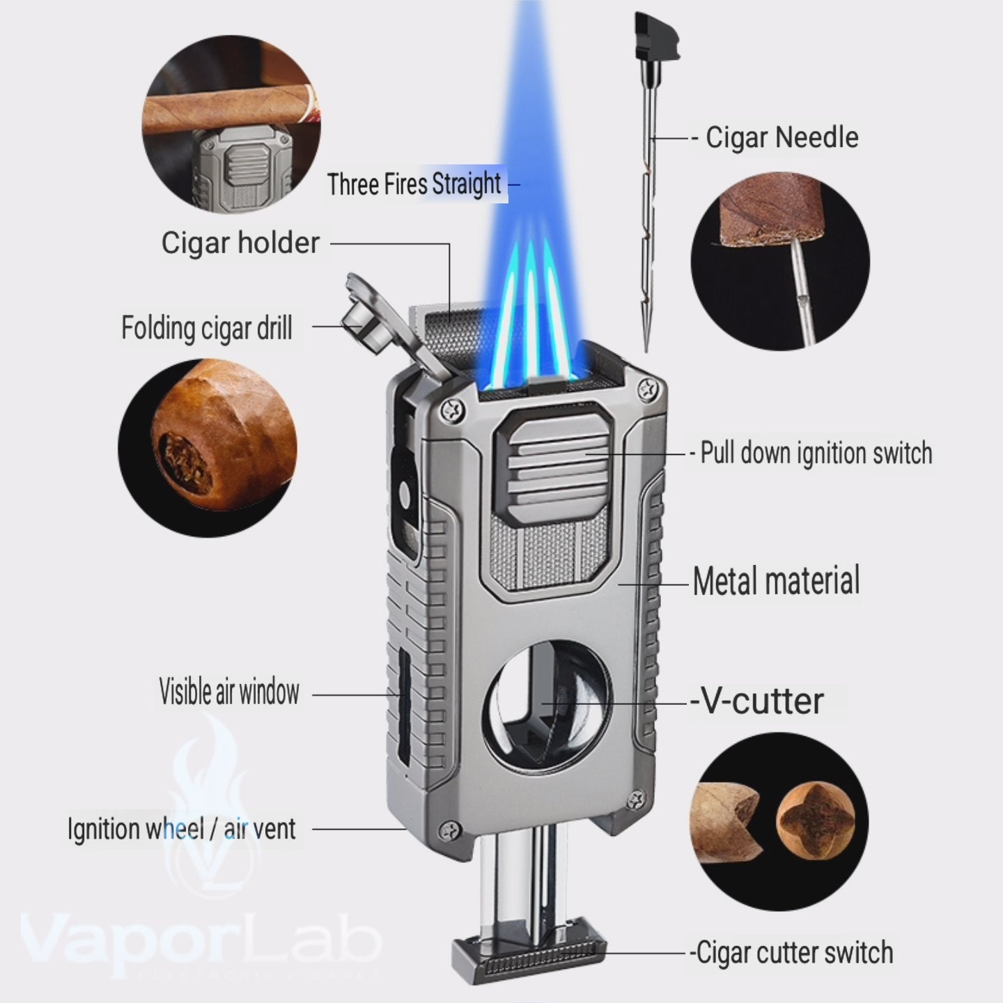 korek api triple bara las multi fungsi dengan pemotong cerutu cigar cutter puncher holder triple jet torch Reffillable gas lighter dengan kaca indikator gas