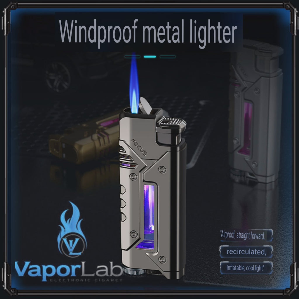 korek api bara las FOCUS with cool LED modern jet torch windproof metal lighter unik cyberpunk visible transparant gas indikator
