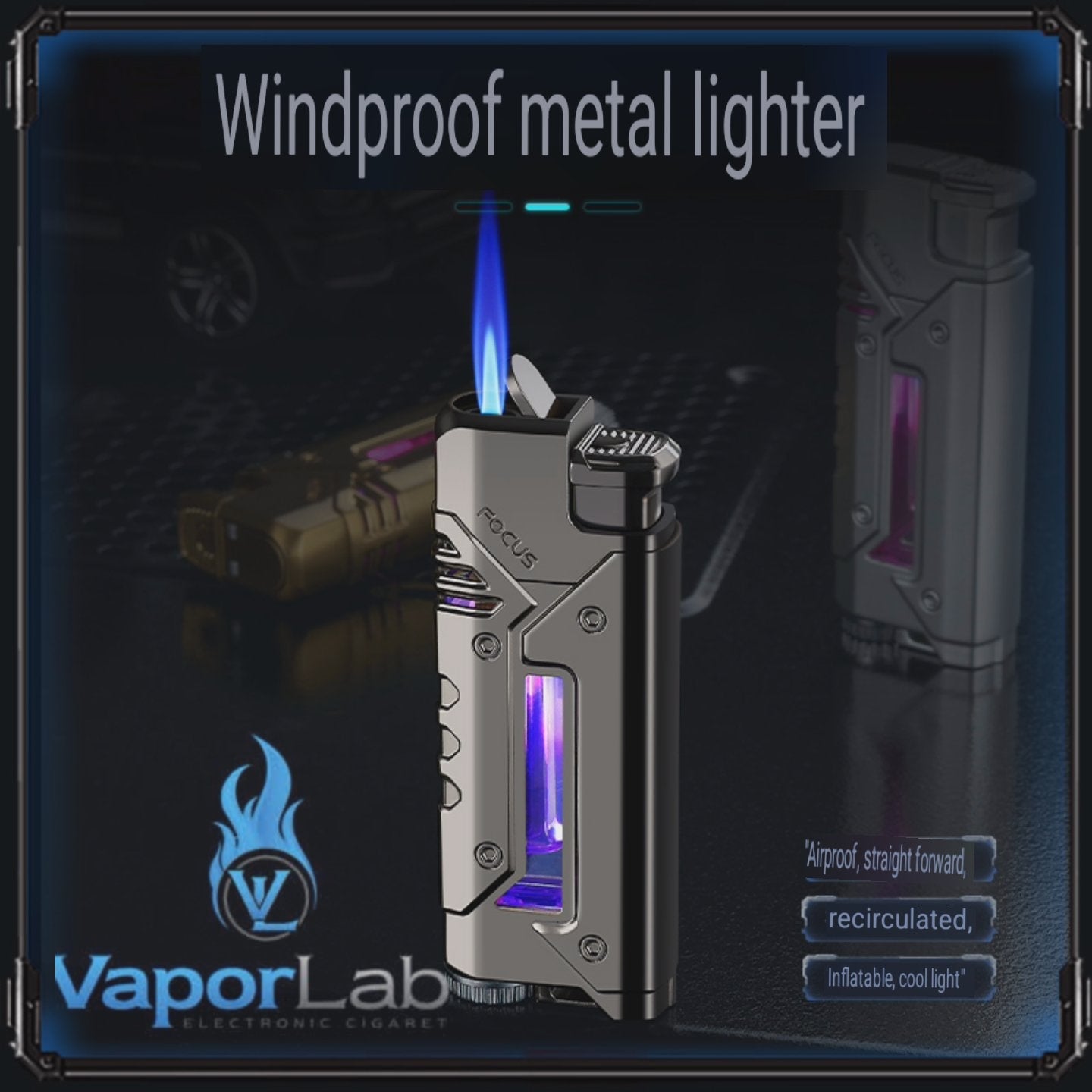 korek api bara las FOCUS with cool LED modern jet torch windproof metal lighter unik cyberpunk visible transparant gas indikator