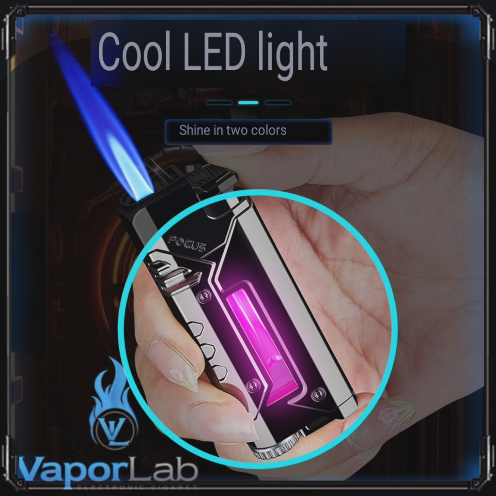korek api bara las FOCUS with cool LED modern jet torch windproof metal lighter unik cyberpunk visible transparant gas indikator