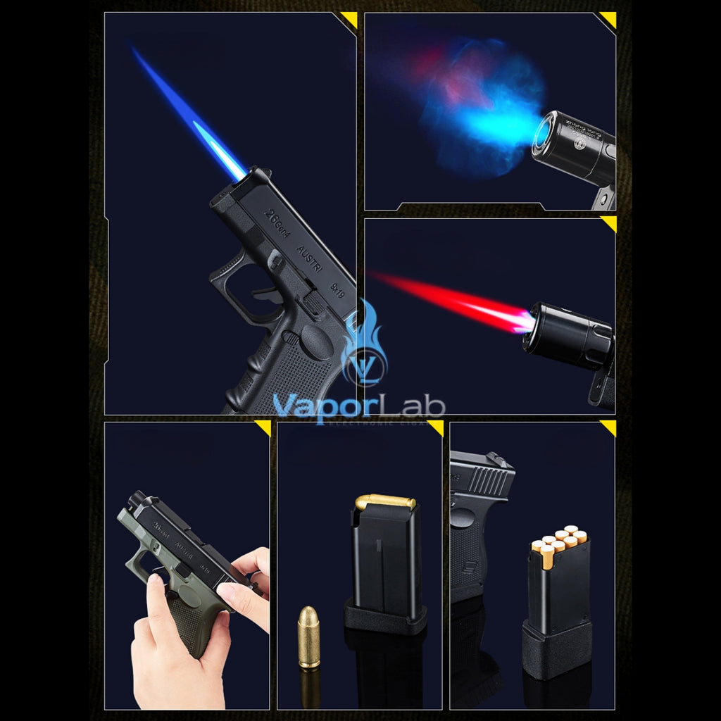 korek api gas bara las model pistol glok G26 gun shaped display jet torch refillable gas lighter 051B dengan magazin kotak simpan rokok