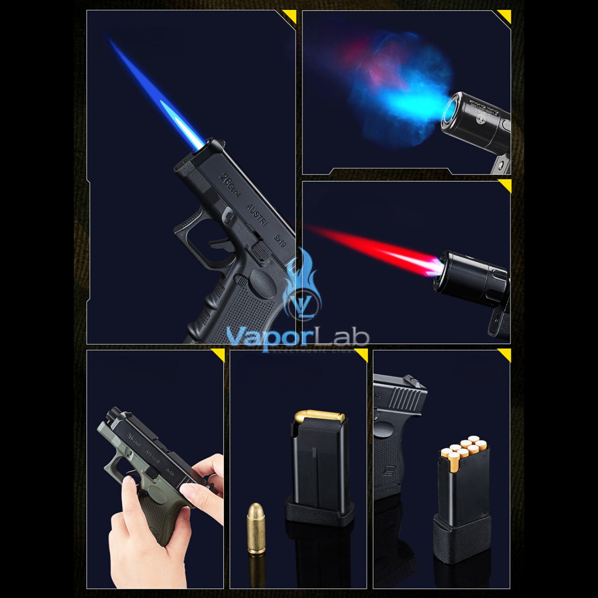 korek api gas bara las model pistol glok G26 gun shaped display jet torch refillable gas lighter 051B dengan magazin kotak simpan rokok