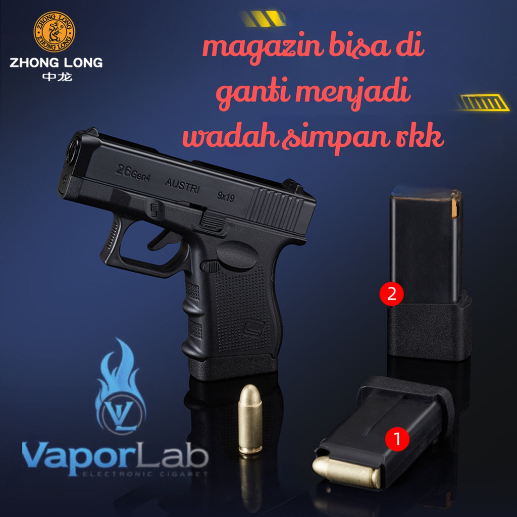 korek api gas bara las model pistol glok G26 gun shaped display jet torch refillable gas lighter 051B dengan magazin kotak simpan rokok
