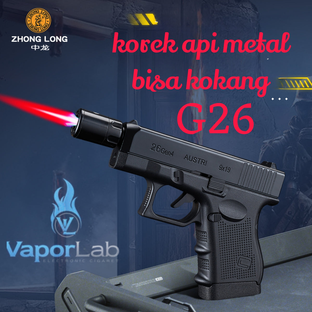 korek api gas bara las model pistol glok G26 gun shaped display jet torch refillable gas lighter 051B dengan magazin kotak simpan rokok