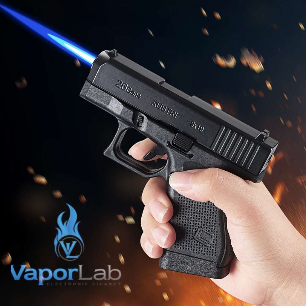 korek api gas bara las model pistol glok G26 gun shaped display jet torch refillable gas lighter 051B dengan magazin kotak simpan rokok