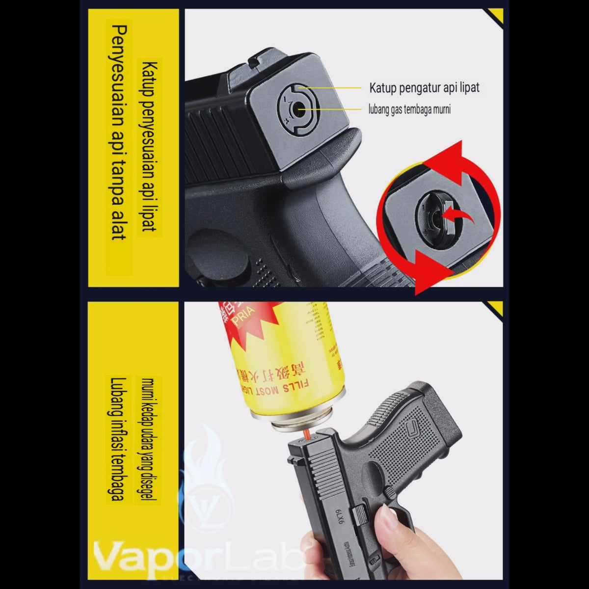 korek api gas bara las model pistol glok G26 gun shaped display jet torch refillable gas lighter 051B dengan magazin kotak simpan rokok