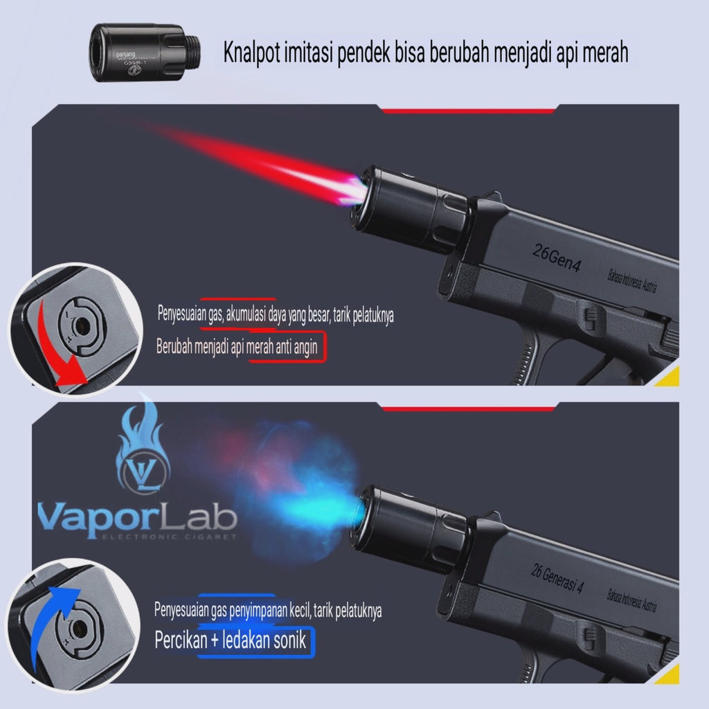korek api gas bara las model pistol glok G26 gun shaped display jet torch refillable gas lighter 051B dengan magazin kotak simpan rokok