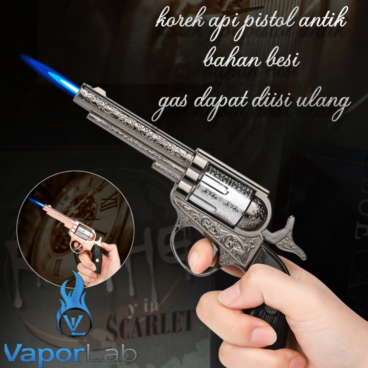 korek api bara las model pistol revolver ukiran antik cowboy mini jet flame gun windproof lighter display