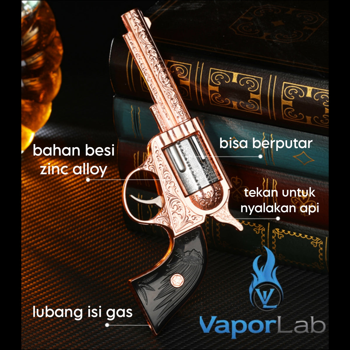 korek api bara las model pistol revolver ukiran antik cowboy mini jet flame gun windproof lighter display