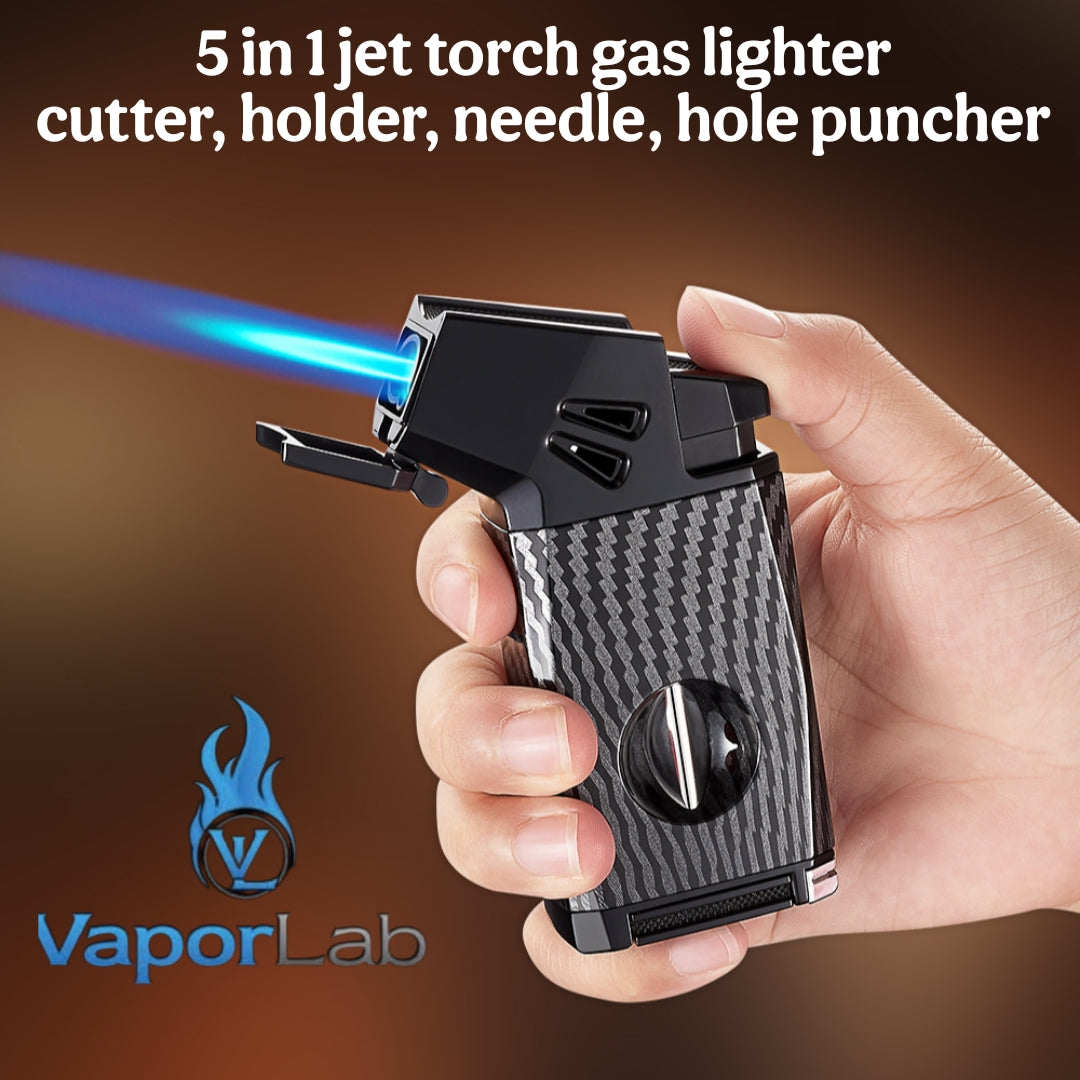 korek api bara las multi fungsi 5in1 dengan pemotong cutter puncher holder ada indikator cigar gas jet torch gas lighter mewah gift box
