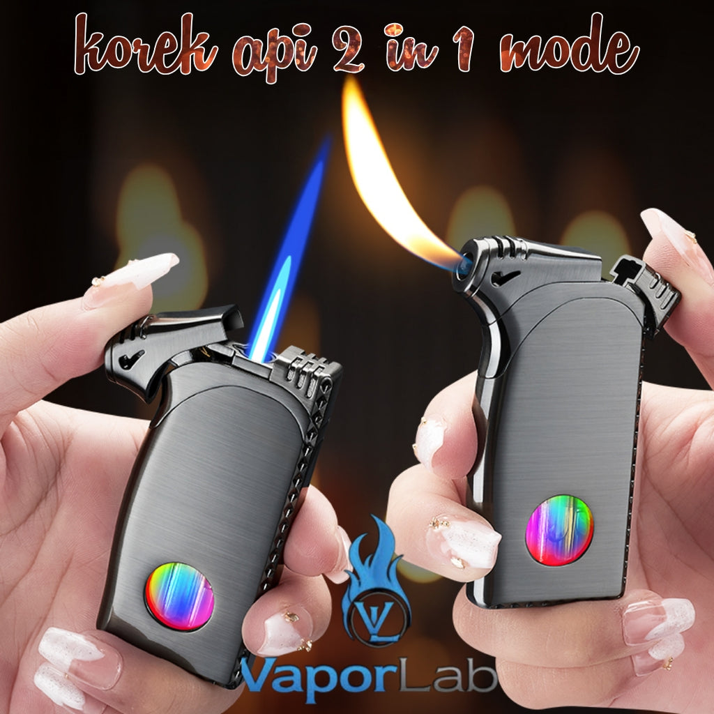 korek api 2in1 bara las biru dan api lilin keren besi unik ada indikator gas isi ulang jet torch flame lighter gift box