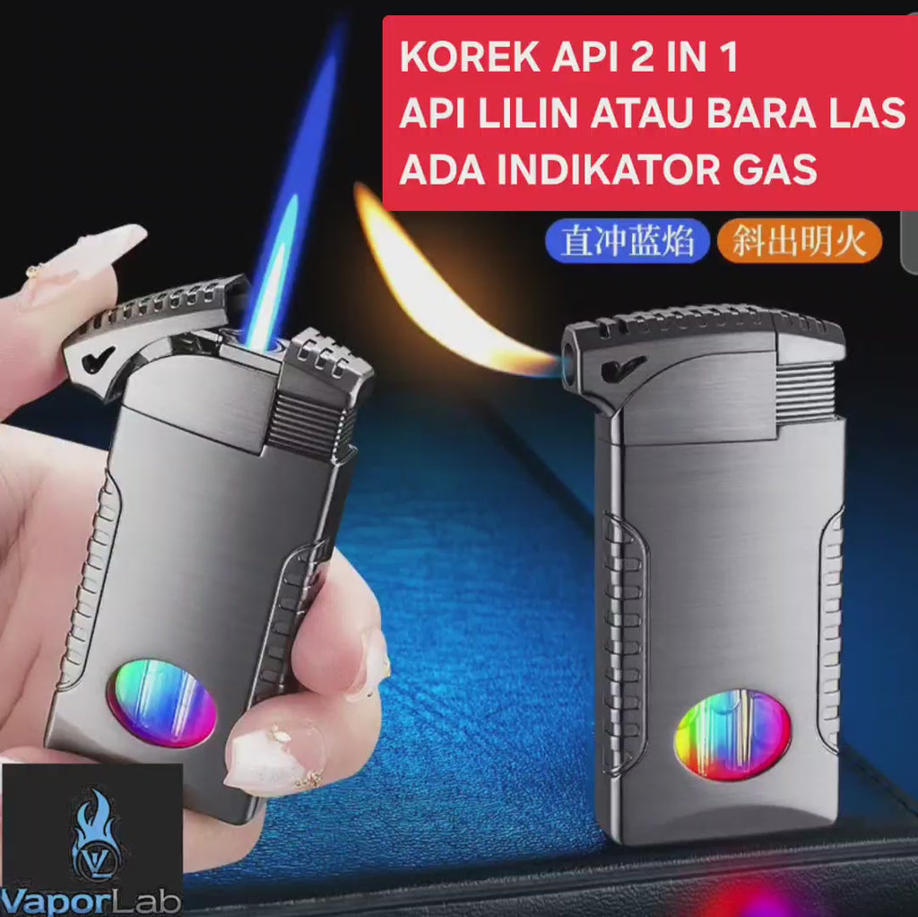 korek api 2in1 bara las biru dan api lilin keren besi unik ada indikator gas isi ulang jet torch flame lighter gift box